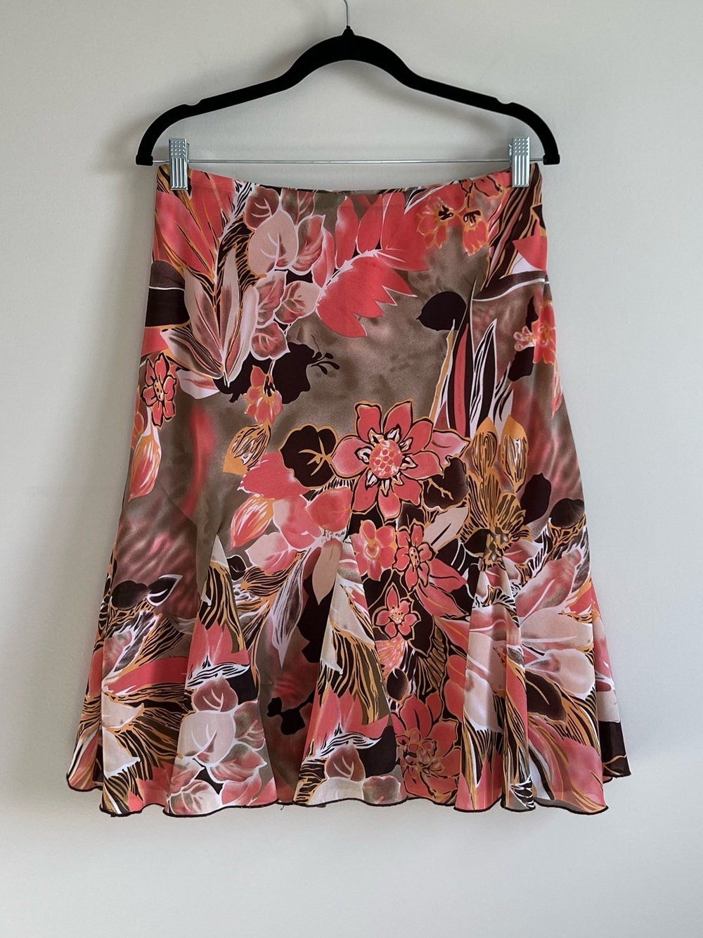 90s / Vintage Floral Brown and Coral A-Line Summer Skirt